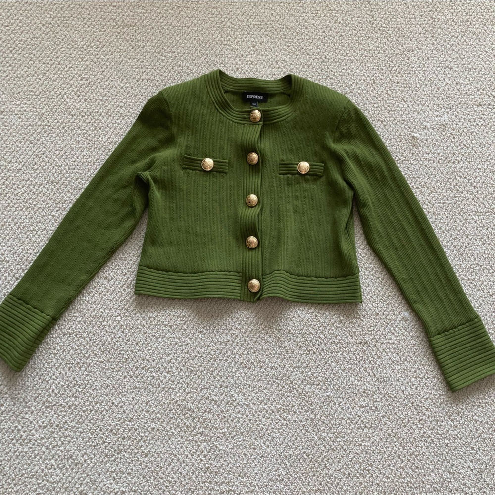 Express Green Cardigan Gold Button Details Stretch Size Large Preppy Like New